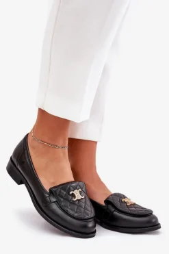 Clearance Laura Messi Skórzane Mokasyny Ze Złotą Ozdobą 2927 Czarne
