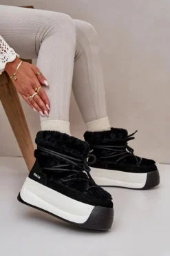 Outlet Big Star Shoes Skórzane Śniegowce Damskie Na Grubej Podeszwie Z Futerkiem Big Star OO274A206 Czarne Czarny