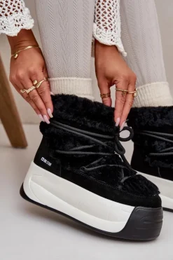 Outlet Big Star Shoes Skórzane Śniegowce Damskie Na Grubej Podeszwie Z Futerkiem Big Star OO274A206 Czarne Czarny
