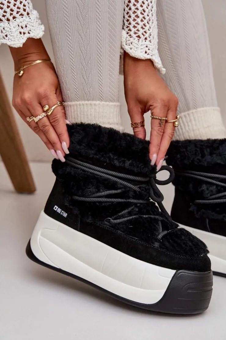 Outlet Big Star Shoes Skórzane Śniegowce Damskie Na Grubej Podeszwie Z Futerkiem Big Star OO274A206 Czarne Czarny