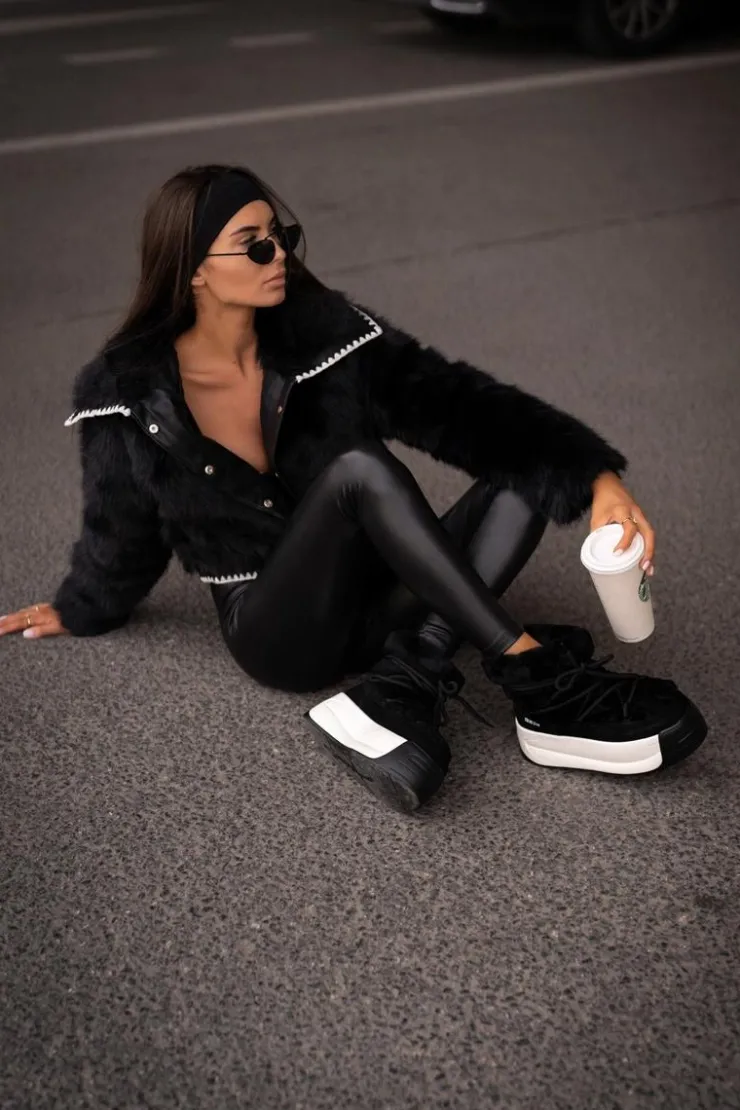 Outlet Big Star Shoes Skórzane Śniegowce Damskie Na Grubej Podeszwie Z Futerkiem Big Star OO274A206 Czarne Czarny