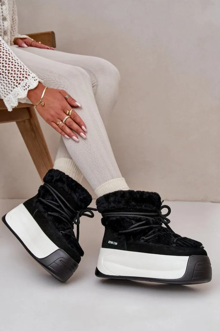Outlet Big Star Shoes Skórzane Śniegowce Damskie Na Grubej Podeszwie Z Futerkiem Big Star OO274A206 Czarne Czarny