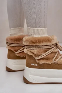 Big Star Shoes Śniegowce Damskie*Skórzane Śniegowce Damskie Na Grubej Podeszwie Z Futerkiem Big Star OO274A207 Brązowe Brązowy