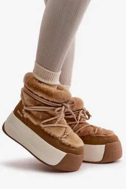 Big Star Shoes Śniegowce Damskie*Skórzane Śniegowce Damskie Na Grubej Podeszwie Z Futerkiem Big Star OO274A207 Brązowe Brązowy