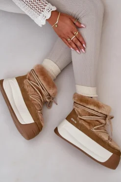 Big Star Shoes Śniegowce Damskie*Skórzane Śniegowce Damskie Na Grubej Podeszwie Z Futerkiem Big Star OO274A207 Brązowe Brązowy