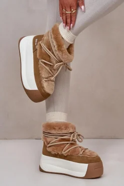 Big Star Shoes Śniegowce Damskie*Skórzane Śniegowce Damskie Na Grubej Podeszwie Z Futerkiem Big Star OO274A207 Brązowe Brązowy