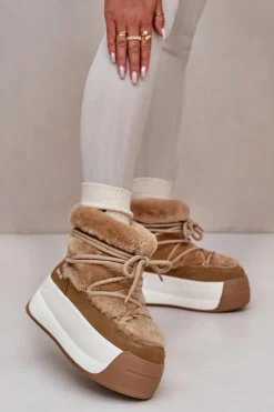 Big Star Shoes Śniegowce Damskie*Skórzane Śniegowce Damskie Na Grubej Podeszwie Z Futerkiem Big Star OO274A207 Brązowe Brązowy