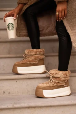 Big Star Shoes Śniegowce Damskie*Skórzane Śniegowce Damskie Na Grubej Podeszwie Z Futerkiem Big Star OO274A207 Brązowe Brązowy