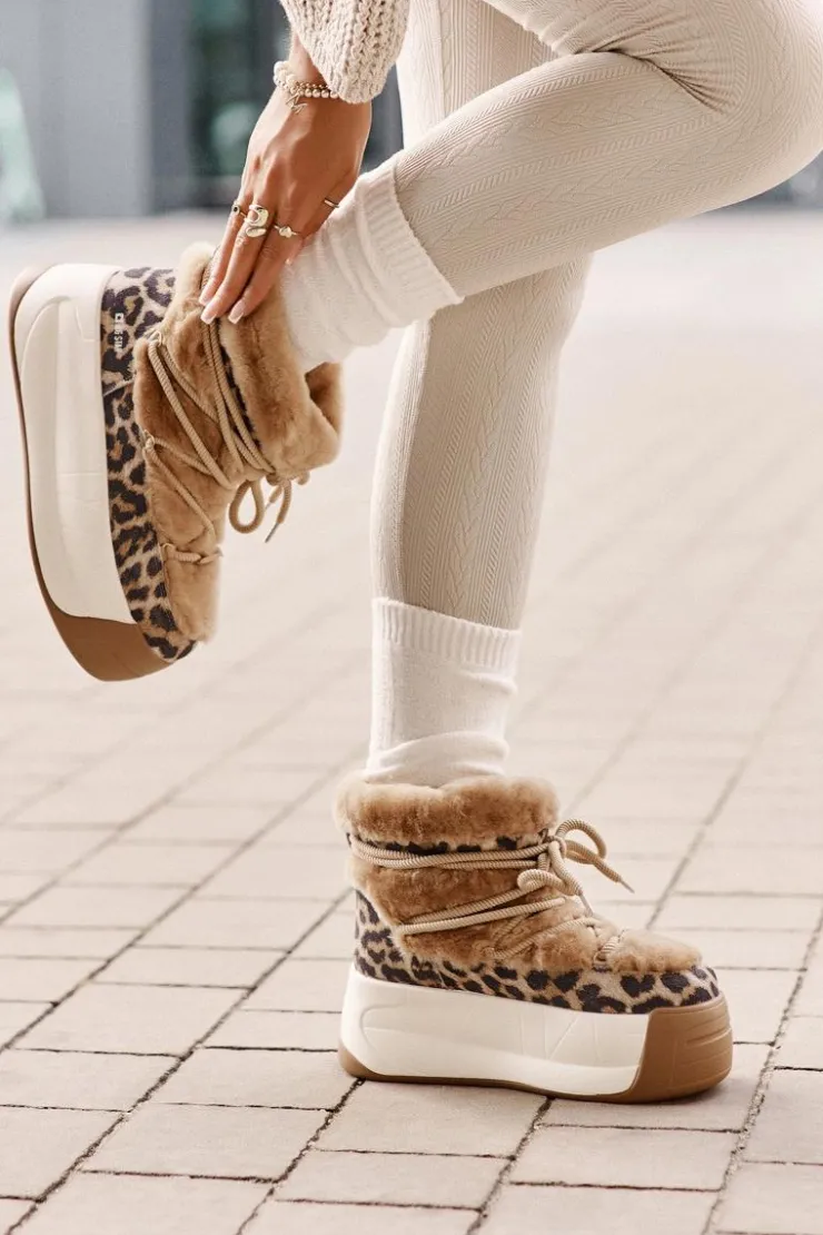 Damskie Big Star Shoes Skórzane Śniegowce Damskie Na Grubej Podeszwie Z Futerkiem Panterka Big Star OO274A208 Brązowe