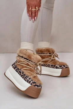 Damskie Big Star Shoes Skórzane Śniegowce Damskie Na Grubej Podeszwie Z Futerkiem Panterka Big Star OO274A208 Brązowe