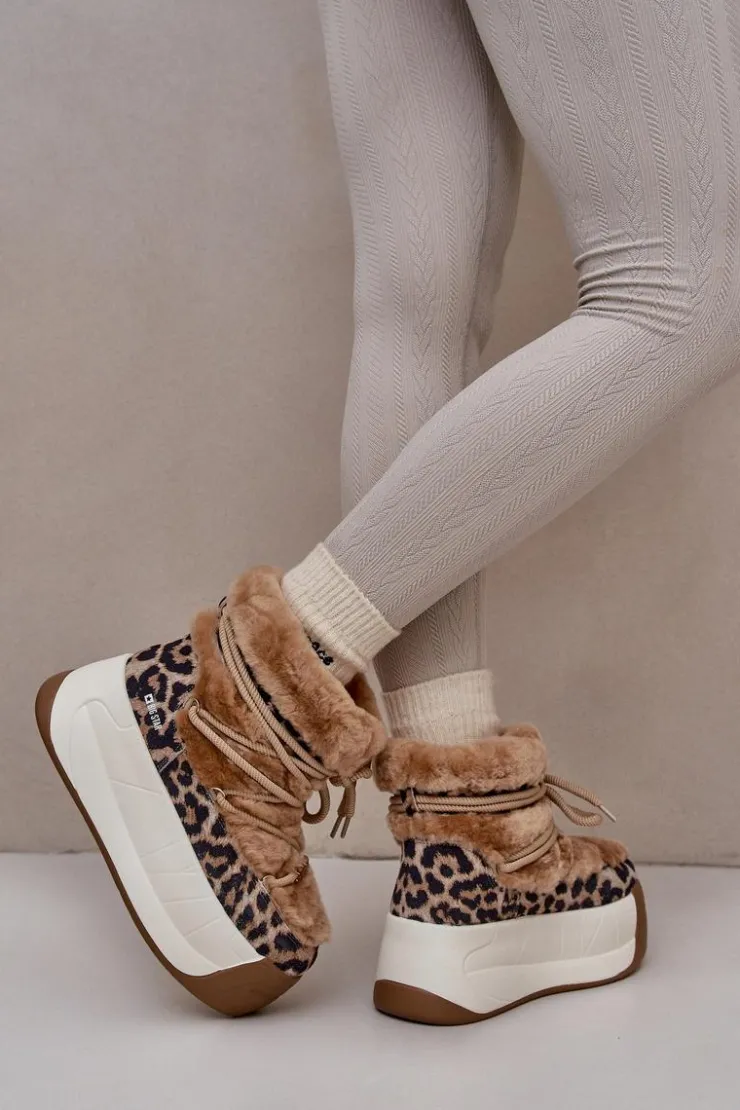 Damskie Big Star Shoes Skórzane Śniegowce Damskie Na Grubej Podeszwie Z Futerkiem Panterka Big Star OO274A208 Brązowe