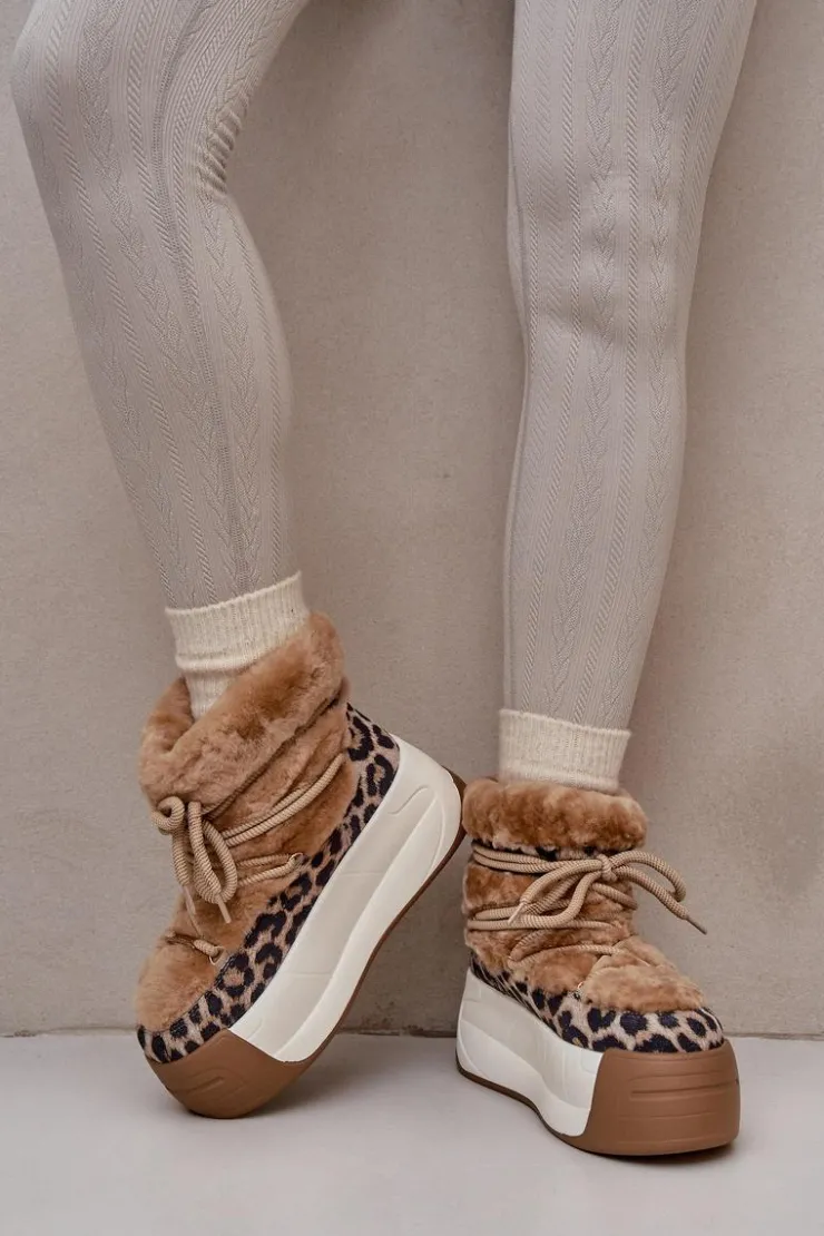 Damskie Big Star Shoes Skórzane Śniegowce Damskie Na Grubej Podeszwie Z Futerkiem Panterka Big Star OO274A208 Brązowe