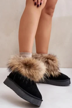 Damskie Boto Skórzane Śniegowce Na Platformie Z Futerkiem Czarne Avirisa