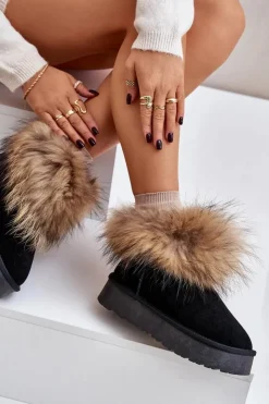 Damskie Boto Skórzane Śniegowce Na Platformie Z Futerkiem Czarne Avirisa