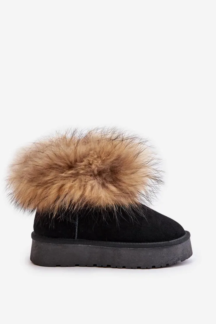 Damskie Boto Skórzane Śniegowce Na Platformie Z Futerkiem Czarne Avirisa