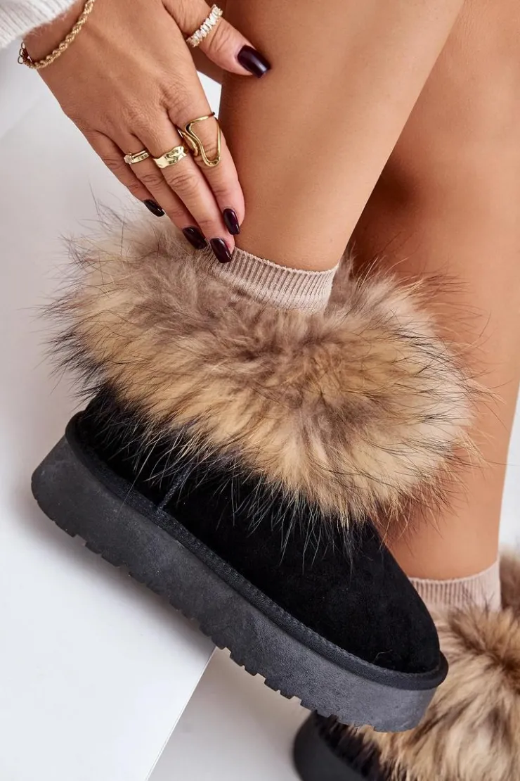 Damskie Boto Skórzane Śniegowce Na Platformie Z Futerkiem Czarne Avirisa