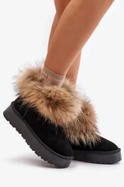 Damskie Boto Skórzane Śniegowce Na Platformie Z Futerkiem Czarne Avirisa