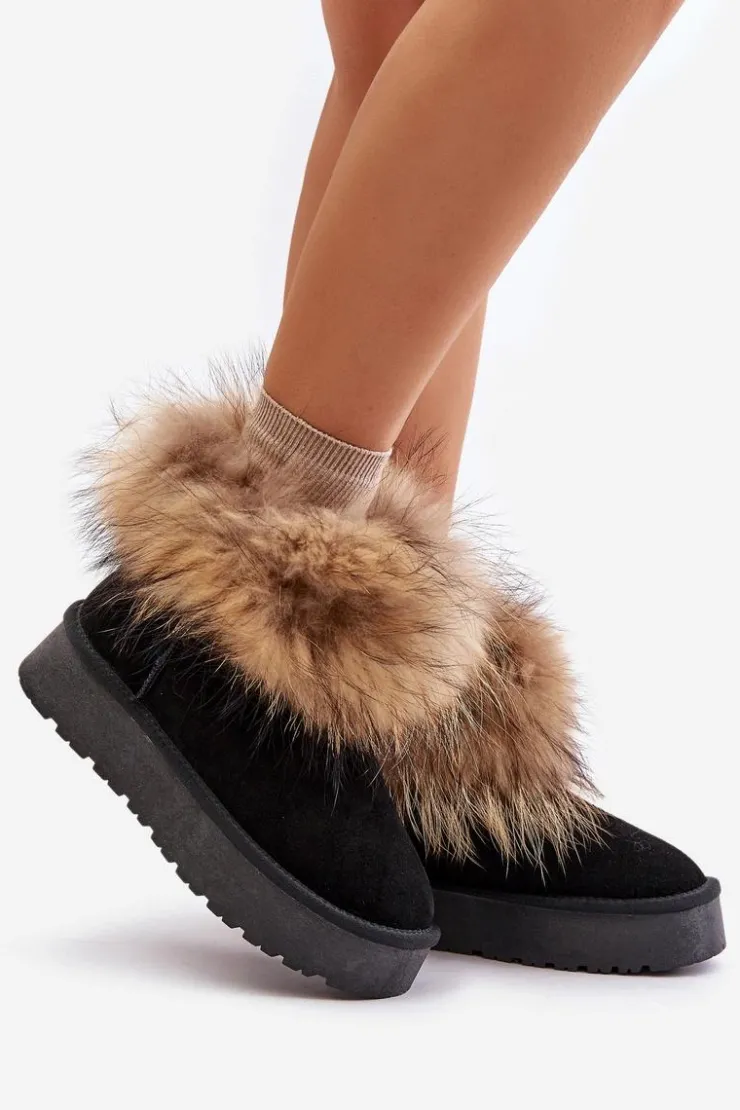 Damskie Boto Skórzane Śniegowce Na Platformie Z Futerkiem Czarne Avirisa