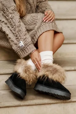 Damskie Boto Skórzane Śniegowce Na Platformie Z Futerkiem Czarne Avirisa