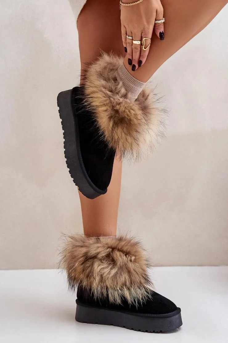 Damskie Boto Skórzane Śniegowce Na Platformie Z Futerkiem Czarne Avirisa