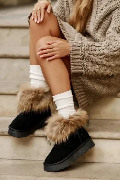 Damskie Boto Skórzane Śniegowce Na Platformie Z Futerkiem Czarne Avirisa