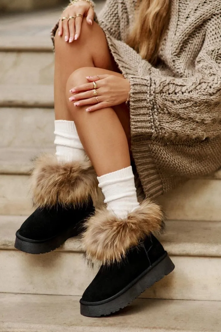 Damskie Boto Skórzane Śniegowce Na Platformie Z Futerkiem Czarne Avirisa