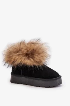 Damskie Boto Skórzane Śniegowce Na Platformie Z Futerkiem Czarne Avirisa