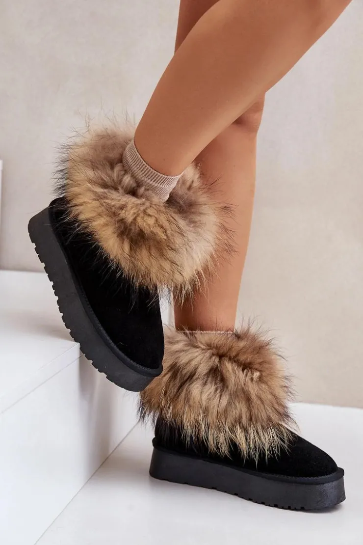 Damskie Boto Skórzane Śniegowce Na Platformie Z Futerkiem Czarne Avirisa