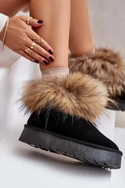 Damskie Boto Skórzane Śniegowce Na Platformie Z Futerkiem Czarne Avirisa