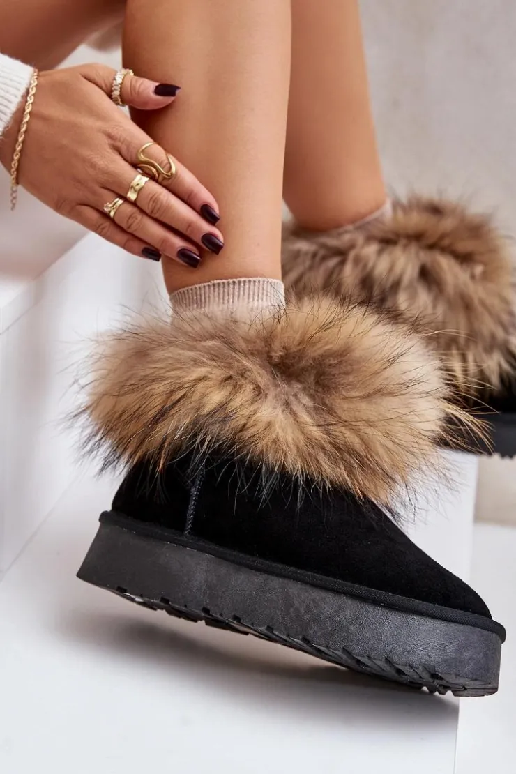 Damskie Boto Skórzane Śniegowce Na Platformie Z Futerkiem Czarne Avirisa