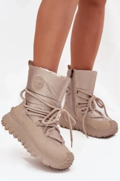 Damskie Lee Cooper Skórzane Śniegowce Na Platformie LCJ-25-12-3663 Beżowo-Złote