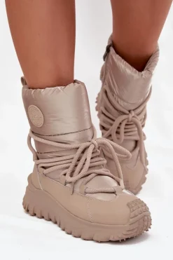 Damskie Lee Cooper Skórzane Śniegowce Na Platformie LCJ-25-12-3663 Beżowo-Złote