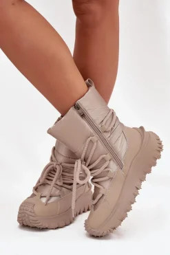 Damskie Lee Cooper Skórzane Śniegowce Na Platformie LCJ-25-12-3663 Beżowo-Złote