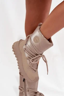 Damskie Lee Cooper Skórzane Śniegowce Na Platformie LCJ-25-12-3663 Beżowo-Złote