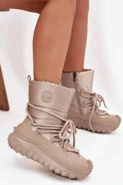 Damskie Lee Cooper Skórzane Śniegowce Na Platformie LCJ-25-12-3663 Beżowo-Złote