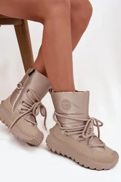 Damskie Lee Cooper Skórzane Śniegowce Na Platformie LCJ-25-12-3663 Beżowo-Złote