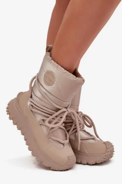 Damskie Lee Cooper Skórzane Śniegowce Na Platformie LCJ-25-12-3663 Beżowo-Złote