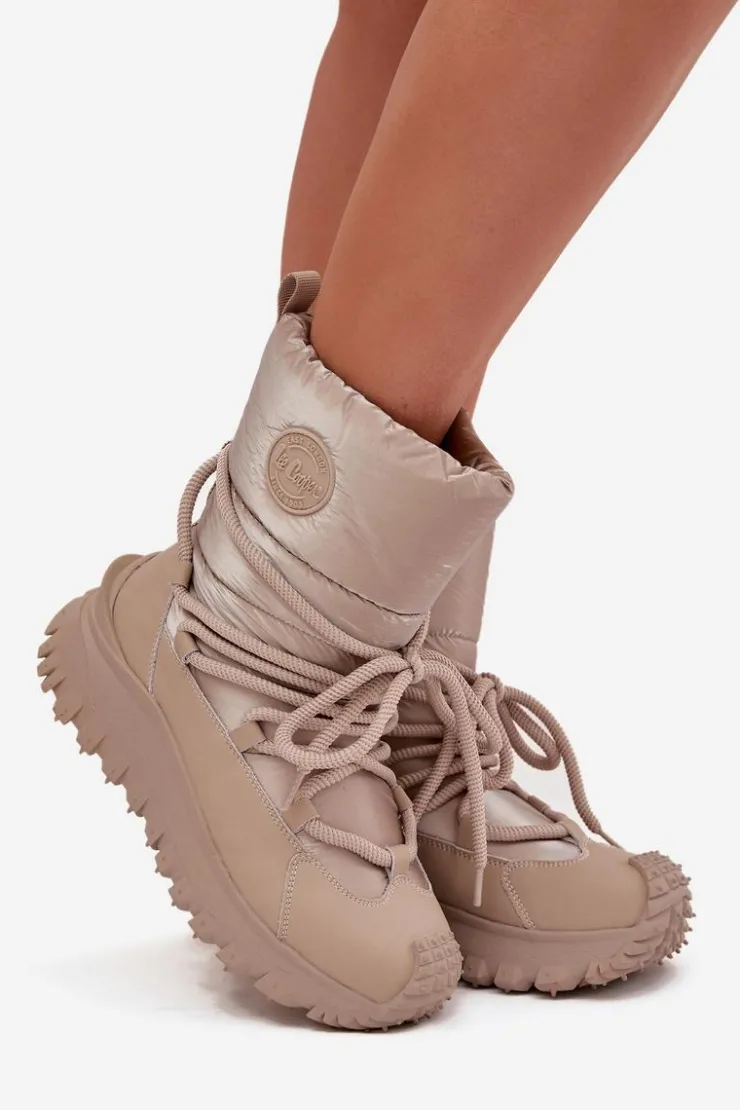 Damskie Lee Cooper Skórzane Śniegowce Na Platformie LCJ-25-12-3663 Beżowo-Złote