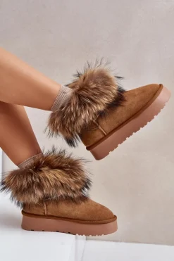 Sale Boto Skórzane Śniegowce Na Platformie Z Futerkiem Camel Avirisa Brązowy