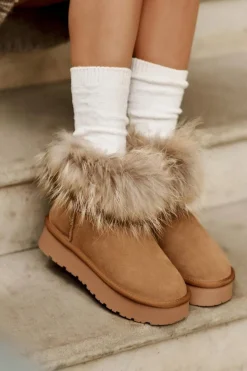 Sale Boto Skórzane Śniegowce Na Platformie Z Futerkiem Camel Avirisa Brązowy