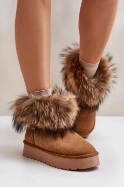 Sale Boto Skórzane Śniegowce Na Platformie Z Futerkiem Camel Avirisa Brązowy