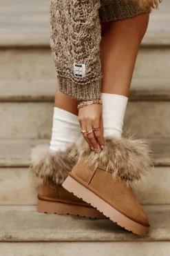 Sale Boto Skórzane Śniegowce Na Platformie Z Futerkiem Camel Avirisa Brązowy