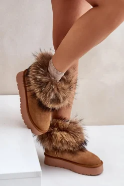 Sale Boto Skórzane Śniegowce Na Platformie Z Futerkiem Camel Avirisa Brązowy