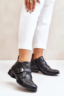 Damskie Maciejka Skórzane Niskie Botki Na Zamek 06692-01 Czarne