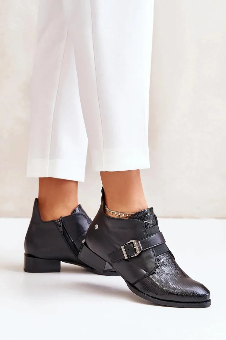 Damskie Maciejka Skórzane Niskie Botki Na Zamek 06692-01 Czarne