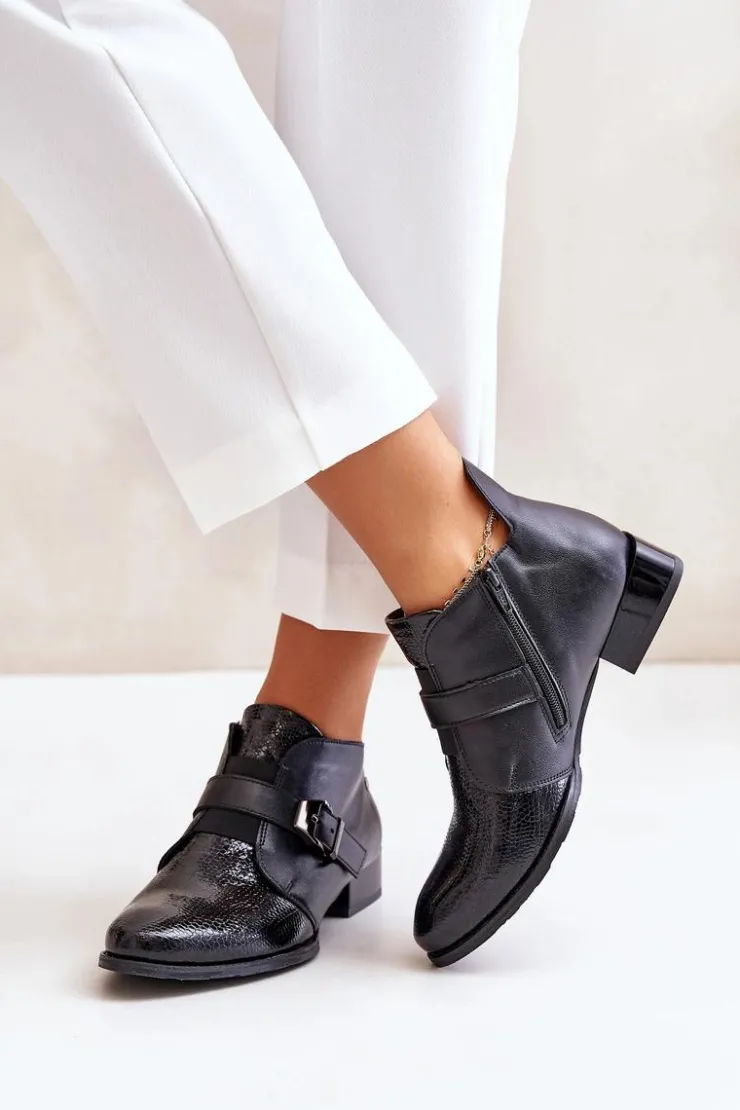 Damskie Maciejka Skórzane Niskie Botki Na Zamek 06692-01 Czarne