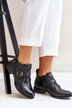 Damskie Maciejka Skórzane Niskie Botki Na Zamek 06692-01 Czarne