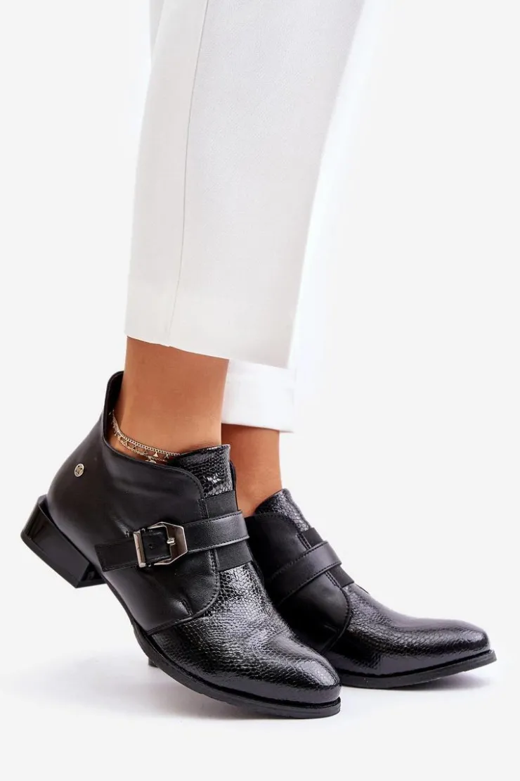 Damskie Maciejka Skórzane Niskie Botki Na Zamek 06692-01 Czarne