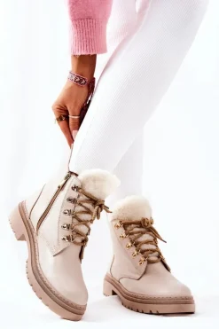Boto Damskie Trapery|Botki Sznurowane*Skórzane Ocieplane Botki Beżowe Khaleni