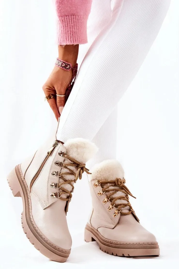 Boto Damskie Trapery|Botki Sznurowane*Skórzane Ocieplane Botki Beżowe Khaleni